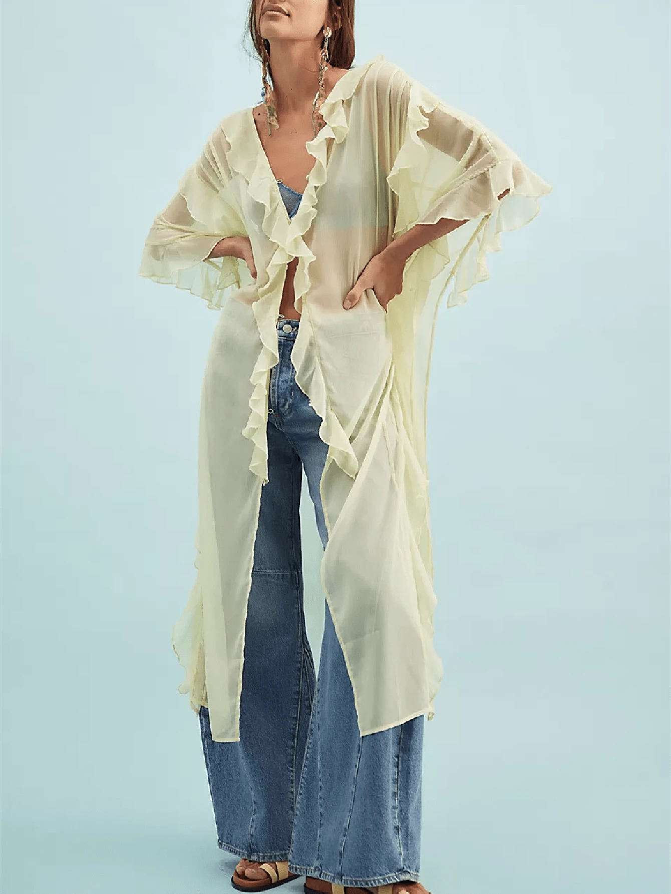 Women Frill Sheer Kimono Half Sleeve Ruffle Top See Through Flowy Blouse Shirt Side Split Long Chiffon Cardigans - 黃色 - 查看 1