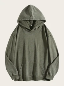 Men's Vintage Washed Cotton Sweatshirt Mans Clothing For Winter Spring Gift For Husband With Front Pocket NON PRINTED Hoodies, Solid Color Long Sleeves - 軍綠色 - 查看 1