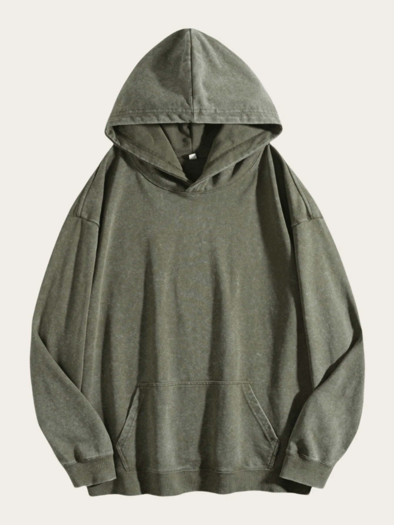 Men's Vintage Washed Cotton Sweatshirt Mans Clothing For Winter Spring Gift For Husband With Front Pocket NON PRINTED Hoodies, Solid Color Long Sleeves - 軍綠色 - 查看 1