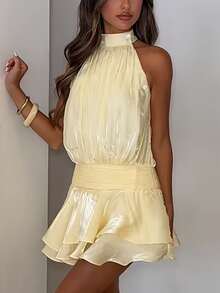 Women Mini Halter Neck Dress Pleated Sleeveless Open Back A-Line Layered Ruffle Short Dress - Light Yellow - View 3