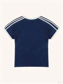 4-Stripe Short Sleeve T-Shirt With English Print, Slim Fit, Fashionable Casual Tee For Women