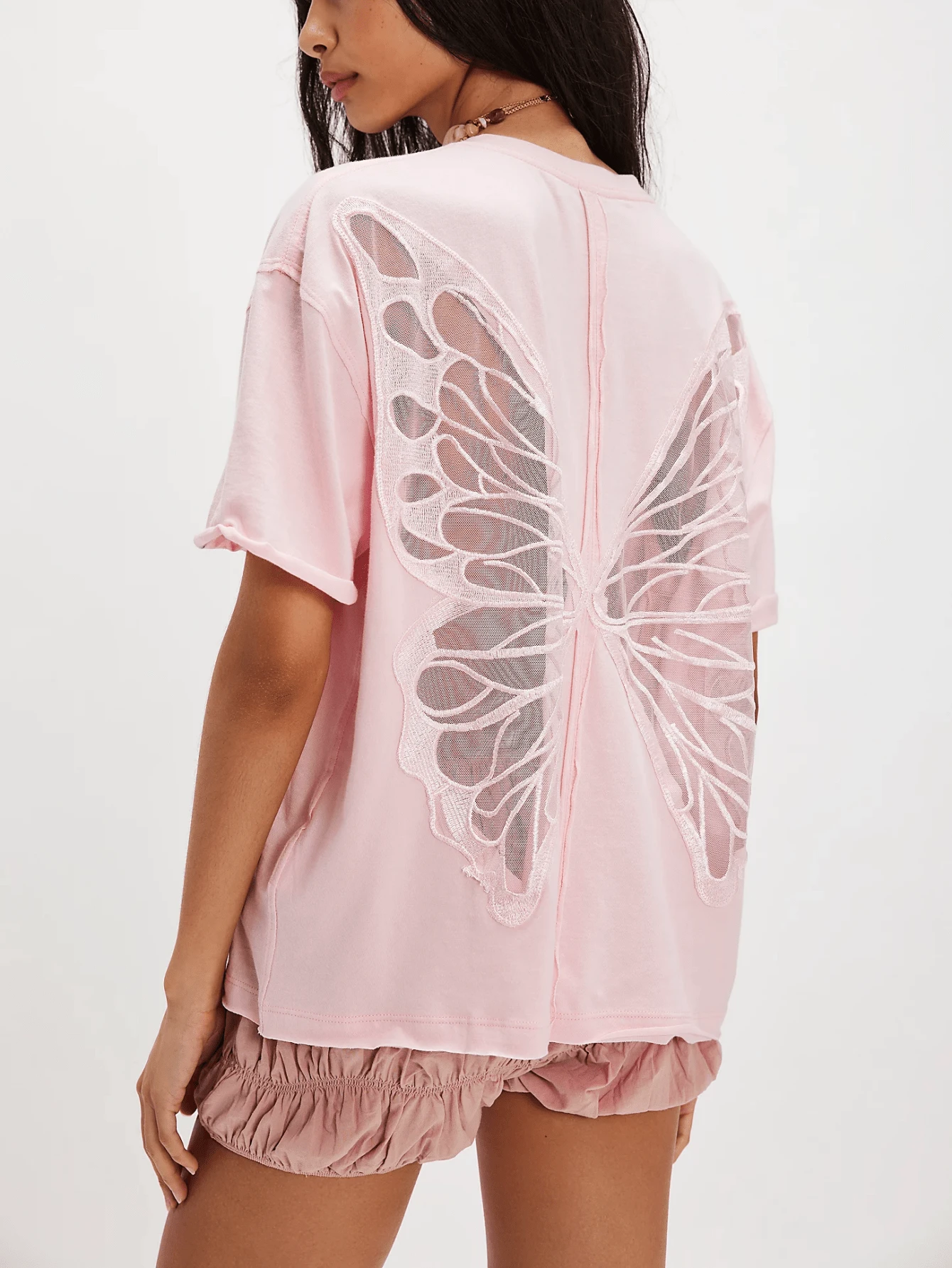 Butterfly See Through T Shirts For Women Oversized Short Sleeve Round Neck Back Sheer Mesh Tee Shirt Top Summer Party Club Going Out Tops Halloween Holiday Clothes Y2K Streetwear - 粉色 - 查看 1