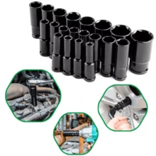 Lislark 20pcs Deep Impact Socket Set, 8-32mm Steel Electric Wrench Sockets, Long Distance Wheel Wrench Nut Kit - 黑色 - 查看 2