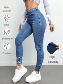 Vaqueros ajustados de cintura alta con diseño novedoso de pernera de pantalón - Azul - Ver 1