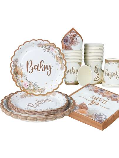 100pcs Bohemian Style Party Tableware Set, 7/9 Inch Disposable Paper Plates, Cups And Napkins, Shower Decorative Plates And Napkins, Rattan Flower Paper Plates And Cups Design, Neutral Boho Style Party Supplies