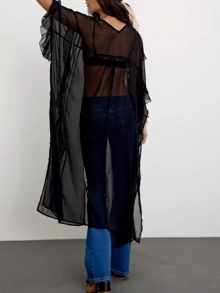 Women Frill Sheer Kimono Half Sleeve Ruffle Top See Through Flowy Blouse Shirt Side Split Long Chiffon Cardigans - 黑色 - 查看 2