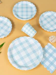 100pcs Light Blue Checkered Paper Plates & Napkins Party Supplies, 7/9 Inch Disposable Light Pink & White Checkered Plates, Wedged Checkered Plates, Paper Cups & Napkins, Suitable For Birthday, Dinner, Picnic, BBQ, Party