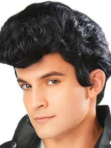 1 pieza Peluca negra ondulada de moda para hombre, peluca de fibra química para disfraz de estrella de rock de los años 50 - Negro - Ver 1