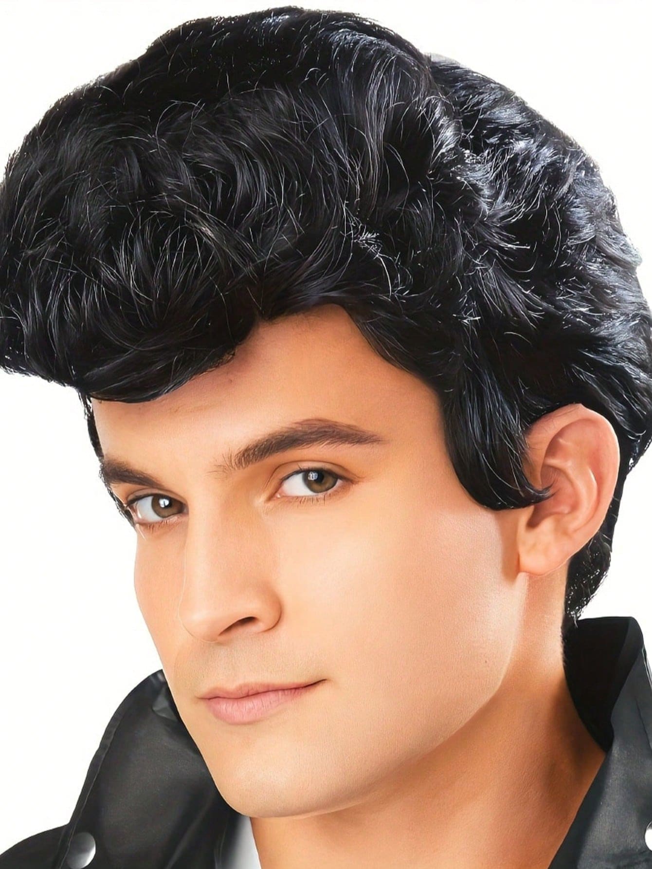 1 pieza Peluca negra ondulada de moda para hombre, peluca de fibra química para disfraz de estrella de rock de los años 50 - Negro - Ver 1