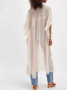 Women Frill Sheer Kimono Half Sleeve Ruffle Top See Through Flowy Blouse Shirt Side Split Long Chiffon Cardigans - trắng - Xem 2