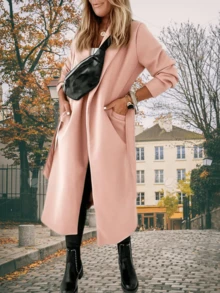 Saodimallsu Womens Notched Lapel Collar Open Front Long Overcoat Jackets With Belt - Pink - View 4