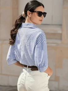 Blue And White Striped Pattern Short Sleeve Polo Collar Loose Fit Blue And White Colour Women's Shirt Casual Commuting Style Daily Travel/Office Spring/Summer Various Festivals Vacation - Multicolor - View 4