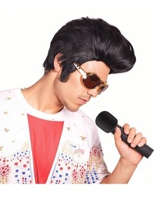 1 pieza Peluca negra ondulada de moda para hombre, peluca de fibra química para disfraz de estrella de rock de los años 50 - Negro - Ver 3