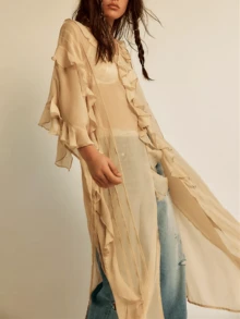 Women Frill Sheer Kimono Half Sleeve Ruffle Top See Through Flowy Blouse Shirt Side Split Long Chiffon Cardigans - 卡其色 - 查看 3