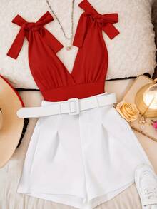 V-Neck Trousers Set Elegant And Stylish Two-Piece Set - Solid Color V-Neck Sleeveless Top With Bow And High Waist Shorts With Belt - 紅色 - 查看 1