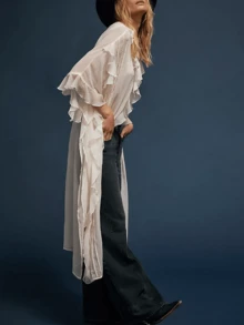 Women Frill Sheer Kimono Half Sleeve Ruffle Top See Through Flowy Blouse Shirt Side Split Long Chiffon Cardigans - Trắng 2 - Xem 3