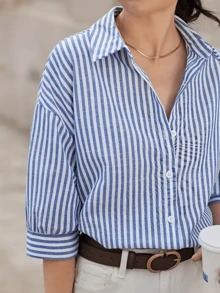 Blue And White Striped Pattern Short Sleeve Polo Collar Loose Fit Blue And White Colour Women's Shirt Casual Commuting Style Daily Travel/Office Spring/Summer Various Festivals Vacation - Multicolor - View 3