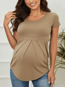 Women's Maternity Tops Short Sleeve Round Neck Front Pleat Peplum Tunic Top Pregnancy Casual T Shirts - Màu Khaki - Xem 4