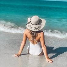 Customizable Straw Hat, Embroidered Nameplate, (Detachable Ribbon, Not Fixed), Single Lady Beach Hat, Personalized Straw Hat, Bridesmaid Gift, Beach Hat, Wedding Party, Sun Hat - Newlywed Honeymoon Gift, Embroidered Soft Edge Honeymoon Beach Hat, Customized Bride Sun Hat, Bachelorette Party Hat, Gift For Future Wife, Bridesmaid Gift, Gift For Her