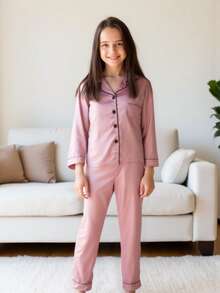 2件套少女粉色长袖和长裤睡衣套装 - 粉色 - 查看 7