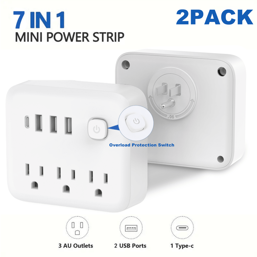 2PACK-Surge Protector Power Strip -3Widely Outlets With 4 USB Ports (1 USB C), One-Button Switch,Outlet Extender With Flat Plug, Wall Mount, Desk USB Charging Station