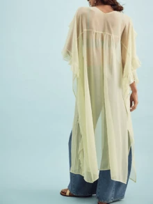 Women Frill Sheer Kimono Half Sleeve Ruffle Top See Through Flowy Blouse Shirt Side Split Long Chiffon Cardigans - 黃色 - 查看 3
