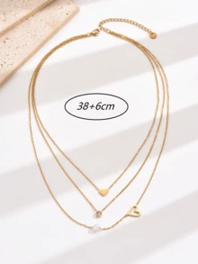 1 件三层时尚心形和人造珍珠吊坠女士不锈钢项链情人节、妈妈、母亲、母亲节、礼物 - 金黃色 - 查看 9