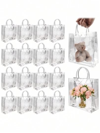 20pcs Transparent Gift Bags With Handles, Waterproof Clear Gift Bags, Small Clear Candy Bags, Transparent Gift Bags, Autumn Gift Packaging Tote Bags, Suitable For Wedding, Birthday Party, Halloween, Christmas Party Supplies, Size: 5.9" X 6.3" X 2.8"