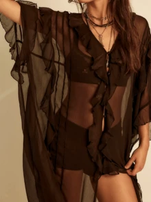 Women Frill Sheer Kimono Half Sleeve Ruffle Top See Through Flowy Blouse Shirt Side Split Long Chiffon Cardigans - màu nâu - Xem 3