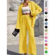 Women's Solid Button Front Shirt & Tie Front Wide Leg Pants Set, Long Sleeve Blouse Top & Trousers For Spring & Fall, Women's Clothes For Daily Wear, Longsleeves Womenswear, Suits, Two Piece Set Women, Lady Casual Matching Set, Casual Formal Set