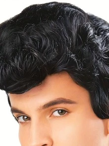 1 pieza Peluca negra ondulada de moda para hombre, peluca de fibra química para disfraz de estrella de rock de los años 50 - Negro - Ver 8