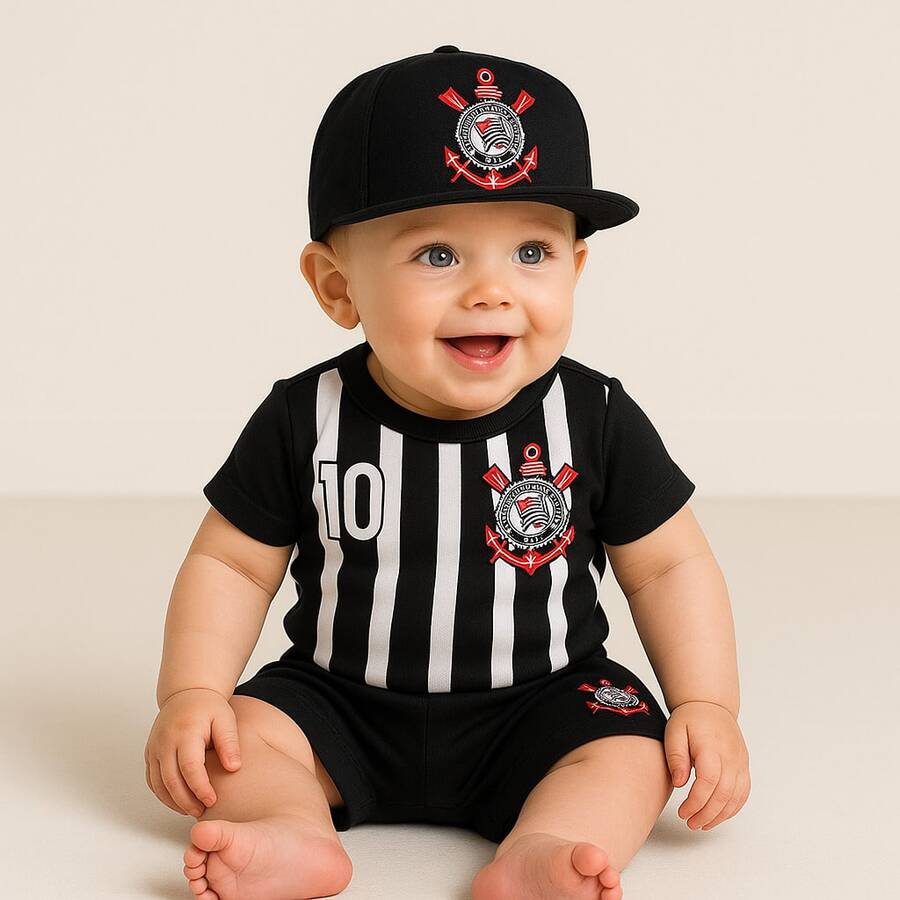 Timão Themed Monthiversary Baby Bodysuit Super Comfortable Premium Line - 連身衣+黑色短褲+貝雷帽 - 查看 1