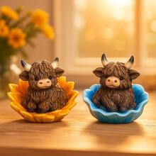 2pcs Creative Resin Highland Cow Figurines, Christmas Gift, Halloween Thanksgiving Decor, Decoration Ornament, Holiday Decoration, Home Desktop Decor, Gift For Family And Friends