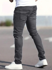 Grunge Goth Y2K Style Fashion Casual Sports College Fitted Young Street Mature Business Distressed Elastic Cuff Jeans Pants - Grey - View 2