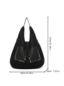 New Vintage Mesh Handbag Large Capacity Shoulder Bag Punk Rivet Hobo Bag Oversized Women Tote - Black - View 4