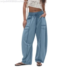 Tanming Womens Barrel Sweatpants High Waisted Wide Leg Pants Drawstring Athletic Baggy Pants Lounge Sweats - Bụi Xanh - Xem 1