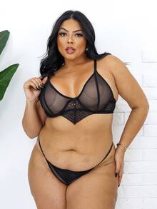 Sexy Plus Size Lingerie Set Transparent Tulle Neon Colors Metal Adjustable Straps - màu đen - Xem 3