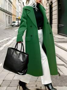 秋冬新款休闲女式羊毛混纺翻领长袖保暖通勤优雅长款大衣，时尚女式长款绿色双排扣呢大衣，翻领设计，双扣细节，秋冬完美之选