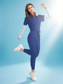 Batas quirúrgicas para mujeres, uniformes de enfermera, conjuntos de enfermera, uniformes para salones de belleza, conjuntos clínicos, conjuntos de camisa y pantalón. - Azul Marino - Ver 1