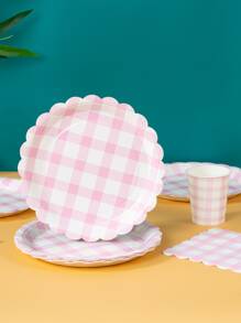 100pcs Light Pink Plaid Paper Plates & Napkins Party Supplies, 7/9 Inch Disposable Paper Plates Light Pink & White Checkered Plates, Wedge Checkered Plates, Paper Cups, Napkins, Suitable For Birthday Dinner, Picnic, BBQ, Party - Multicolor - View 3