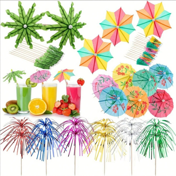 40/10 Pieces Tropical Drink Umbrellas And Cocktail Sticks - Coconut Palm And Rainbow Umbrellas, Fireworks Stirrers, Bamboo Stringers - Hawaiian Cocktail And Juice Drink Party Decorations, 4 Styles, Faux Wood, No Need For A Power Supply, Cocktail Accessories |Tropical Style Garnishes |Faux Wood