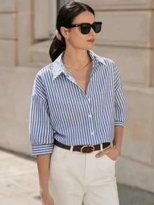 Blue And White Striped Pattern Short Sleeve Polo Collar Loose Fit Blue And White Colour Women's Shirt Casual Commuting Style Daily Travel/Office Spring/Summer Various Festivals Vacation - Multicolor - View 5