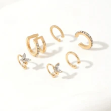 6pcs Minimalist Line Rhinestone Ear Cuff Earrings, Personalized Double Layer U-Shaped Clip On Earrings Set - Gold - View 2