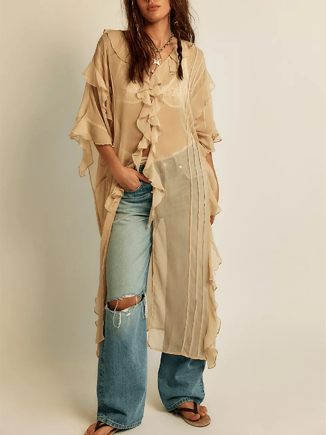 Women Frill Sheer Kimono Half Sleeve Ruffle Top See Through Flowy Blouse Shirt Side Split Long Chiffon Cardigans - Màu Khaki - Xem 1