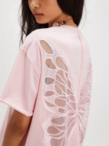 Butterfly See Through T Shirts For Women Oversized Short Sleeve Round Neck Back Sheer Mesh Tee Shirt Top Summer Party Club Going Out Tops Halloween Holiday Clothes Y2K Streetwear - 粉色 - 查看 3