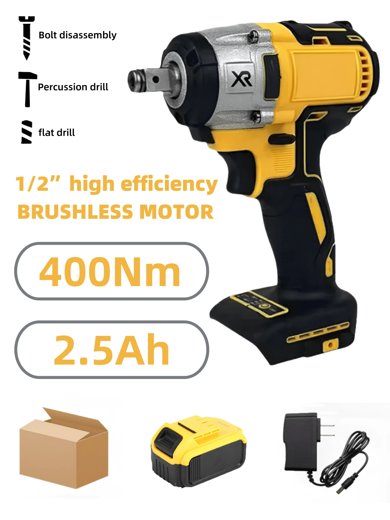 Impact Wrench, 20V Impact Brushless Motor, 1/2 Inch Electric Impact Gun, High Torque Brushless Impact Wrench With 3.0Ah Battery, Fast Charger - Màu vàng - Xem 1