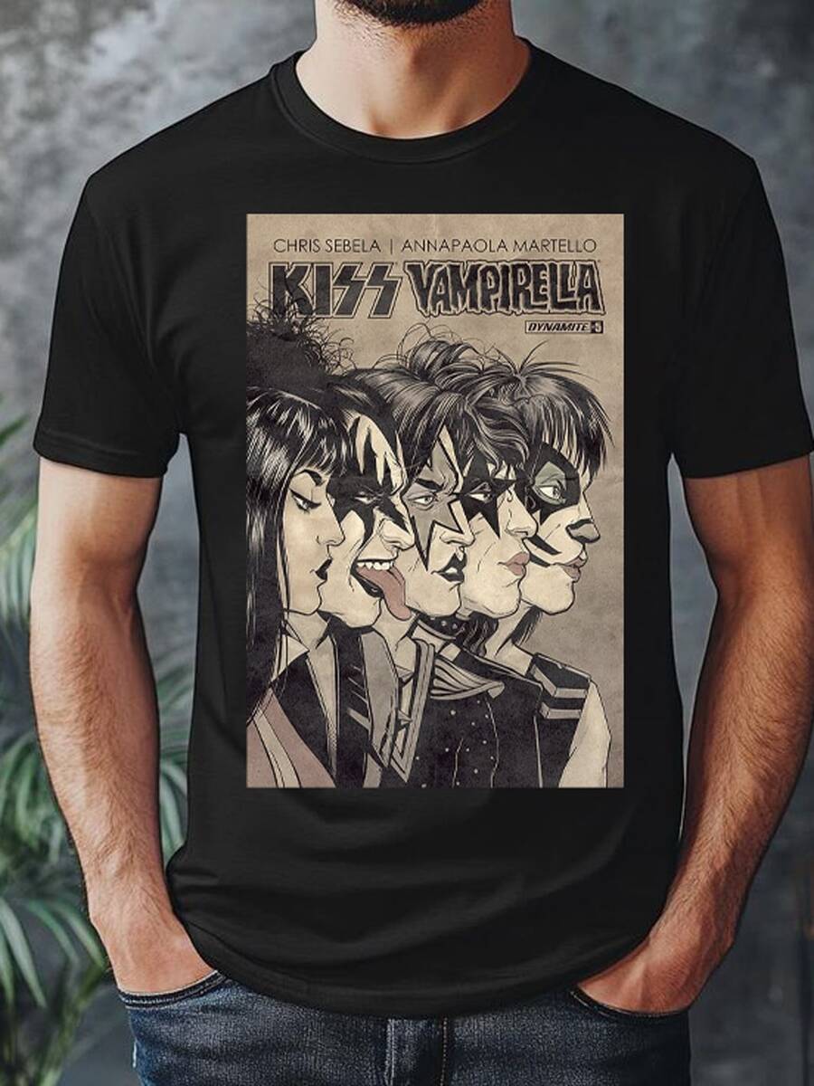 Kiss Vampirella Rock T-Shirt International Band Oldschool Rock And Roll Shirt Blouse Unisex Male Female 100% Cotton Top Premium Streetwear Launch Immediate Shipping Various Colors!! Plus Size - 黑色 - 查看 1