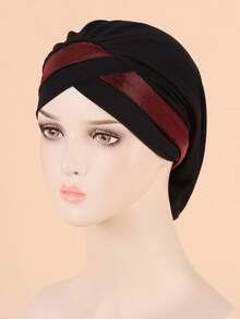 1 pieza Gorra con diseño cruzado y plisado en la frente, apta para uso diario - negro+burdeos - Ver 1