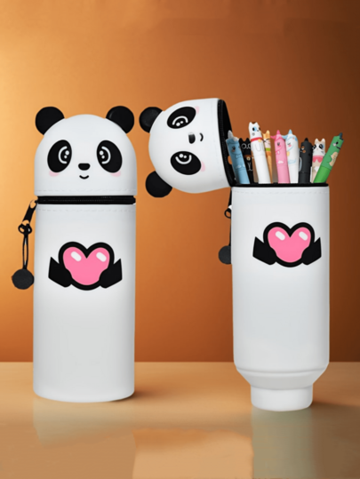 Cute Panda Silicone Pencil Case With Zipper, Large Capacity Expandable Pencil Holder, Standing Panda Design, Suitable For Office And School Supplies Storage, Panda Theme Back To School Gift