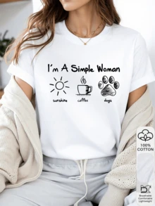 1pc Women's 100% Cotton Simple Woman Graphic Tee, Minimalist Sunshine Coffee Dog Print, Casual Modern Top, Comfort Daily Wear, Spring Summer, Young Women, Ladies, Special Offer, Best , Gift For Her, Holiday Gift, Birthday Gift - White - View 1